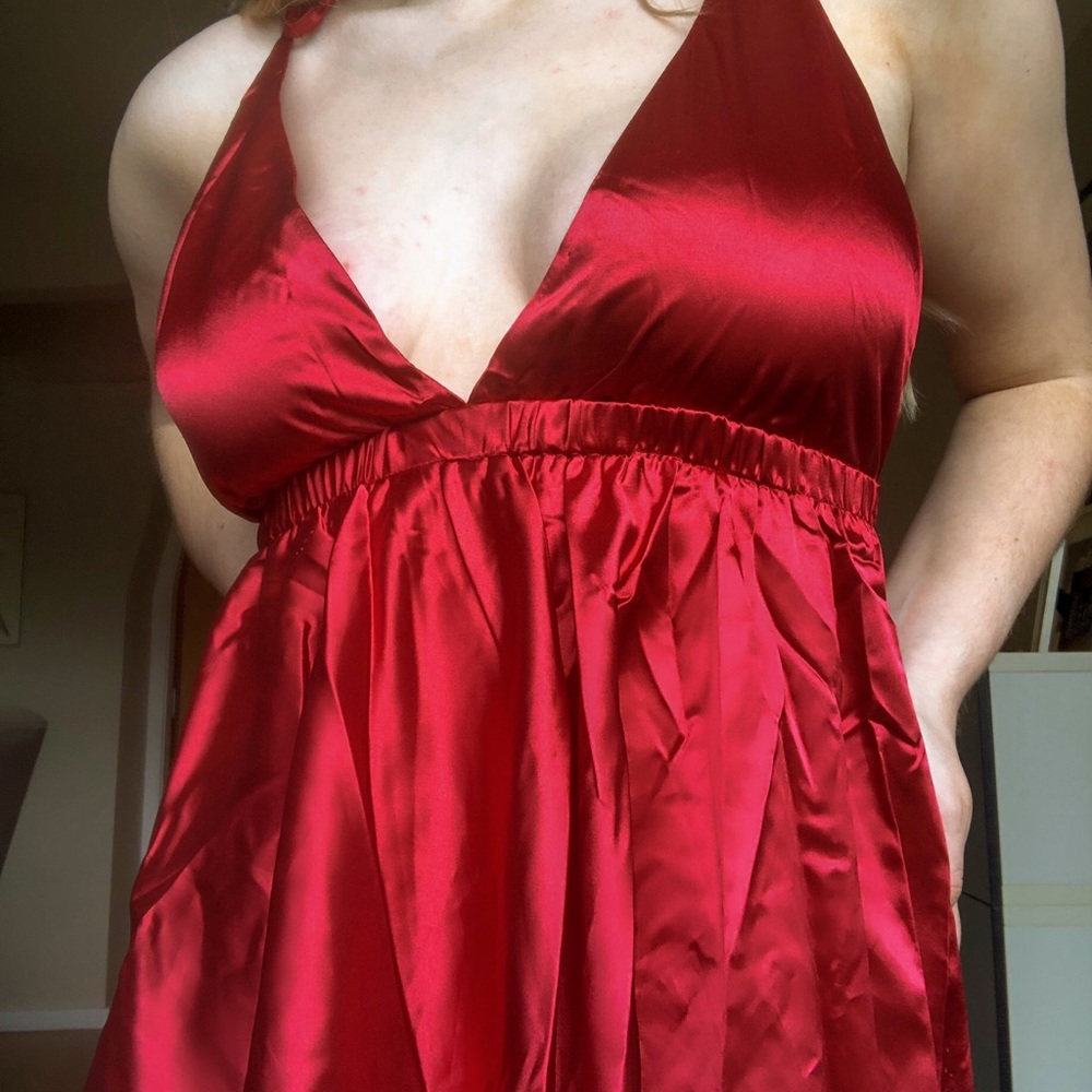 Red satin mini dress